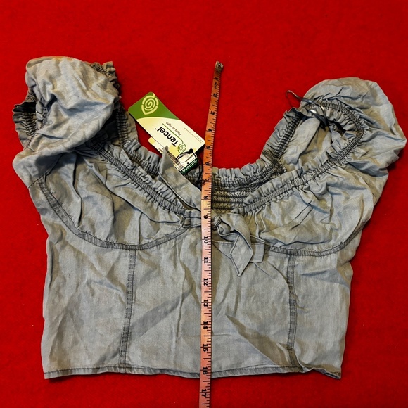 Love Tree baby blue denim boho peasant puff sleeves accent bow bustier top NWT - Picture 12 of 13